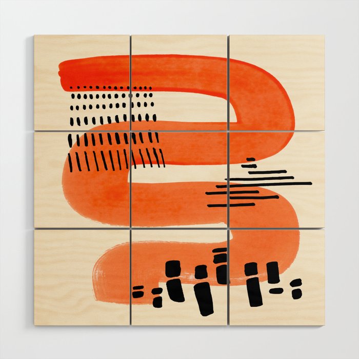 Mid Century Modern abstract Minimalist Fun Colorful Shapes Patterns Orange Watercolor Wiggle Stroke Wood Wall Art Gallery Image 1