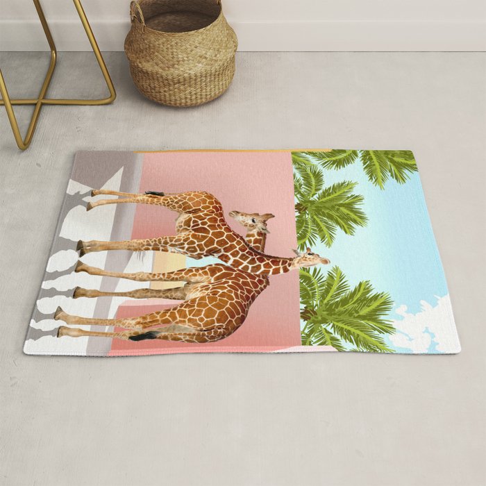 Giraffe Villa | Contemporary Modern Architecture Digital Graphic Art | Wildlife Animals Palm Exotic Rug Gallery Image 1