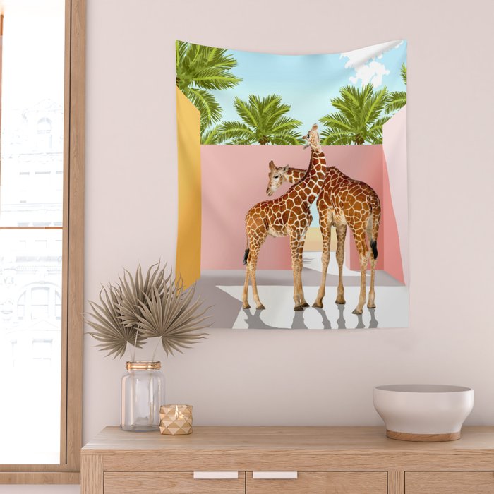 Giraffe Villa | Contemporary Modern Architecture Digital Graphic Art | Wildlife Animals Palm Exotic Wall Tapestry Gallery Image 2