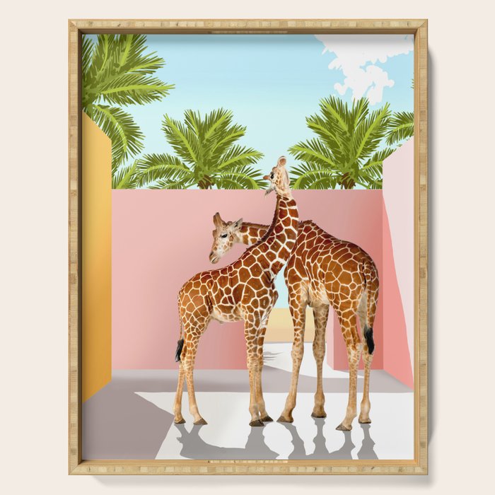 Giraffe Villa | Contemporary Modern Architecture Digital Graphic Art | Wildlife Animals Palm Exotic Serving Tray Gallery Image 1