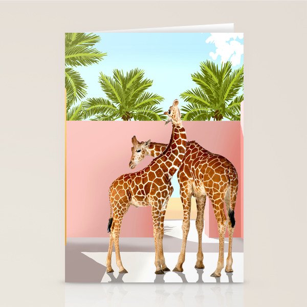 Giraffe Villa | Contemporary Modern Architecture Digital Graphic Art | Wildlife Animals Palm Exotic Stationery Card Gallery Image 1