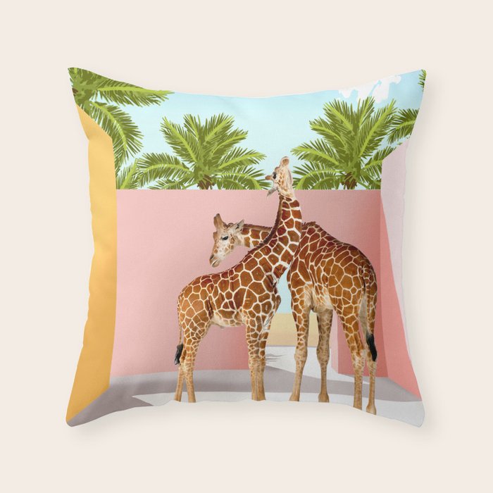 Giraffe Villa | Contemporary Modern Architecture Digital Graphic Art | Wildlife Animals Palm Exotic Throw Pillow Gallery Image 1