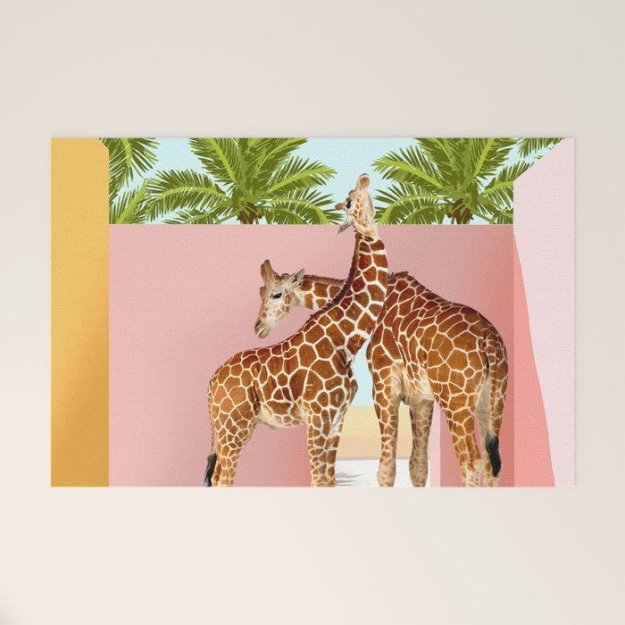 Giraffe Villa | Contemporary Modern Architecture Digital Graphic Art | Wildlife Animals Palm Exotic Welcome Mat Gallery Image 1