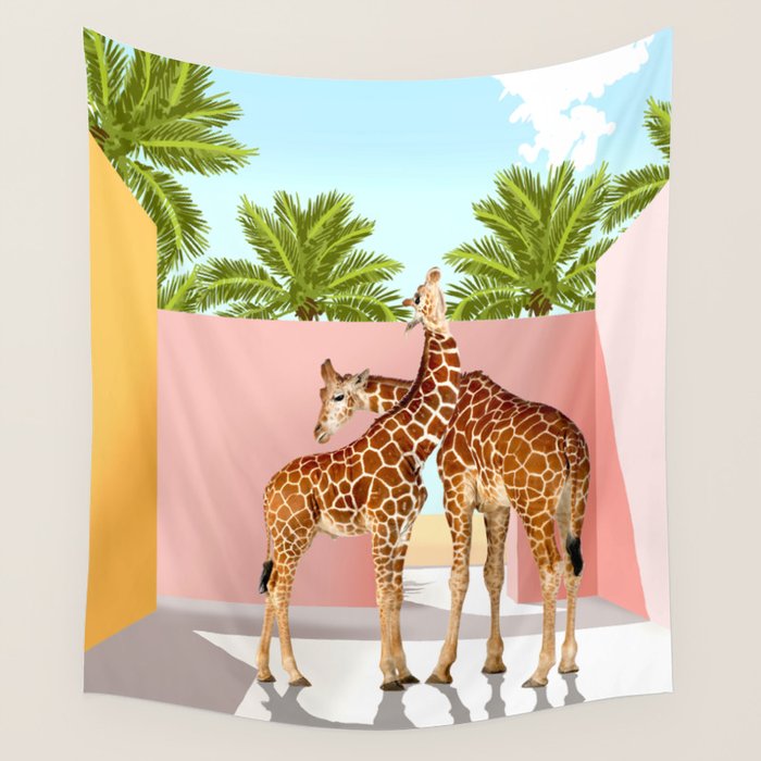 Giraffe Villa | Contemporary Modern Architecture Digital Graphic Art | Wildlife Animals Palm Exotic Wall Tapestry Gallery Image 4