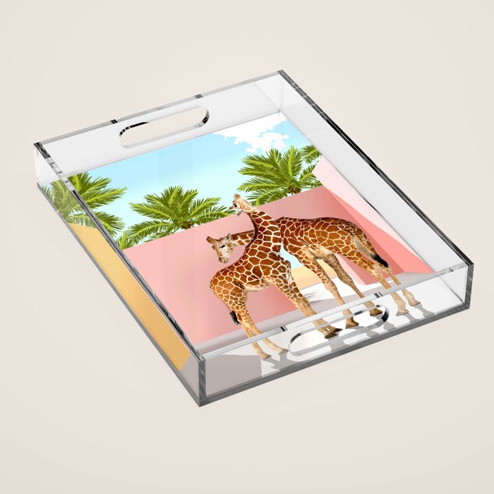 Giraffe Villa | Contemporary Modern Architecture Digital Graphic Art | Wildlife Animals Palm Exotic Acrylic Tray Gallery Image 1