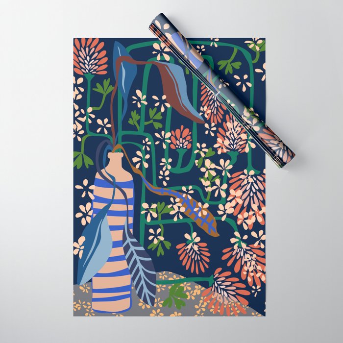 Strainge Clover blossoms in a vase dark blue Wrapping Paper Gallery Image 1