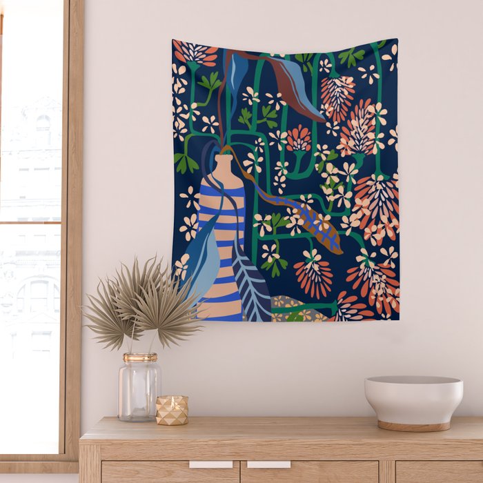 Strainge Clover blossoms in a vase dark blue Wall Tapestry Gallery Image 2