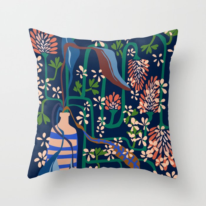 Strainge Clover blossoms in a vase dark blue Throw Pillow Gallery Image 6