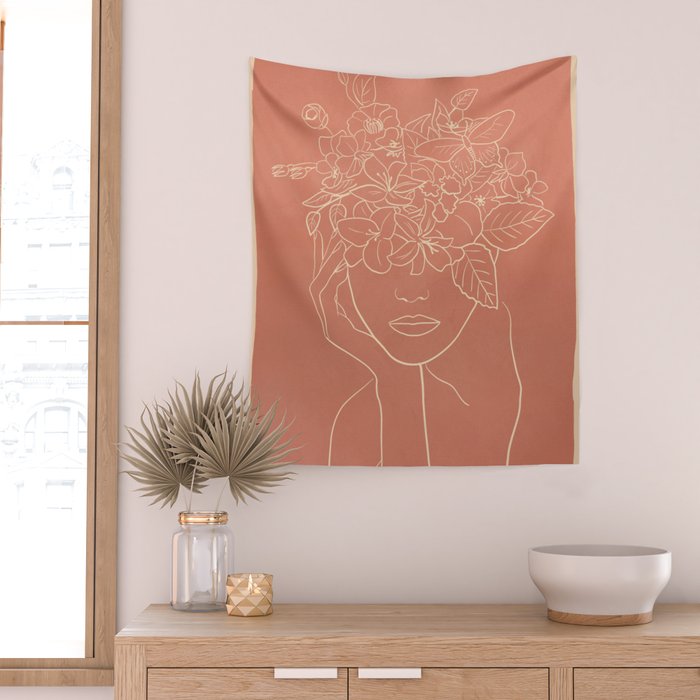 WOMAN WITH FLOWERS 7 Line Art 2 Wall Tapestry Gallery Image 2