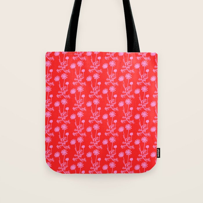 Floral Botanical Contemporary Wild Daisies Pink and Red Pattern Tote Bag Gallery Image 1