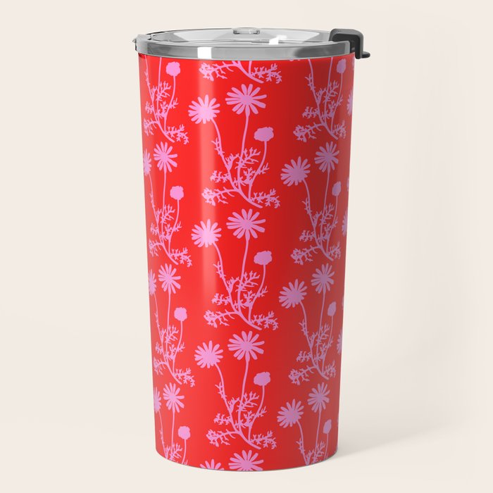 Floral Botanical Contemporary Wild Daisies Pink and Red Pattern Travel Mug Gallery Image 2