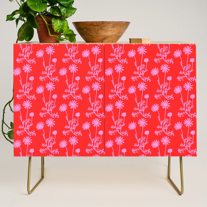 Floral Botanical Contemporary Wild Daisies Pink and Red Pattern Credenza Gallery Image 1