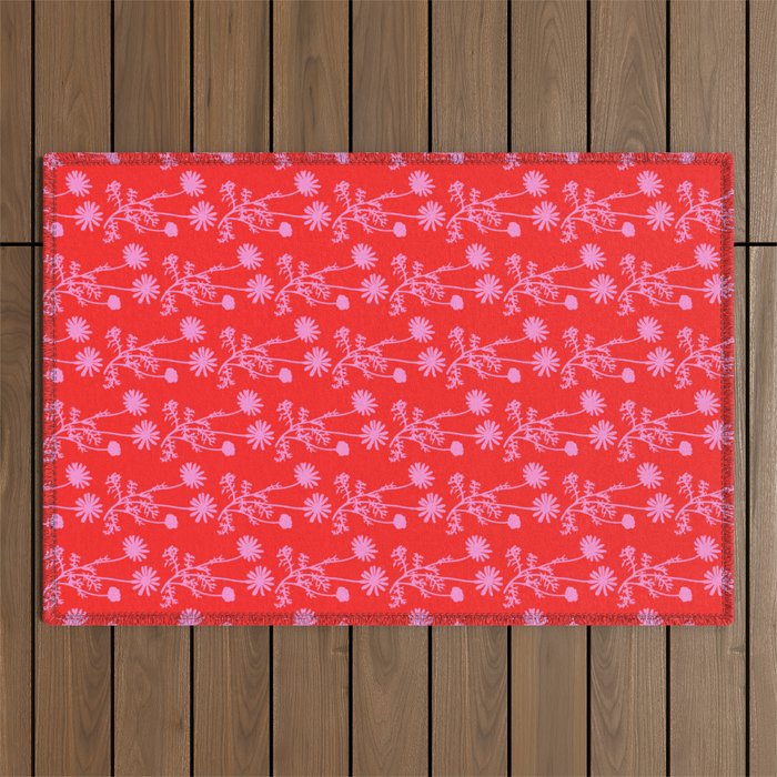 Floral Botanical Contemporary Wild Daisies Pink and Red Pattern Outdoor Rug Gallery Image 1