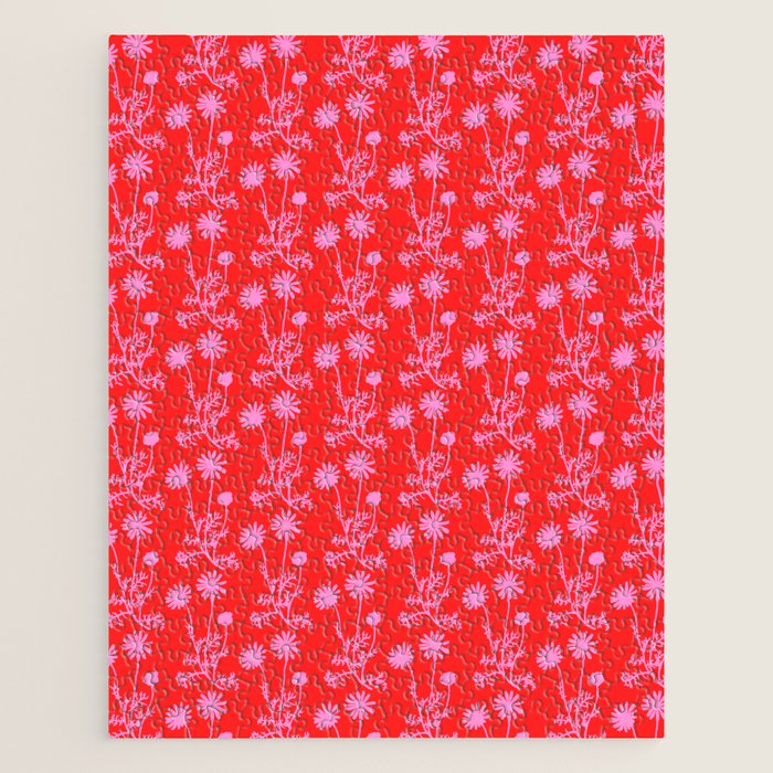 Floral Botanical Contemporary Wild Daisies Pink and Red Pattern Jigsaw Puzzle Gallery Image 1