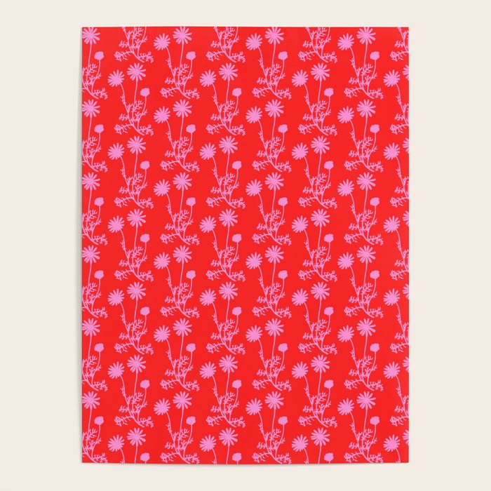 Floral Botanical Contemporary Wild Daisies Pink and Red Pattern Poster Gallery Image 4