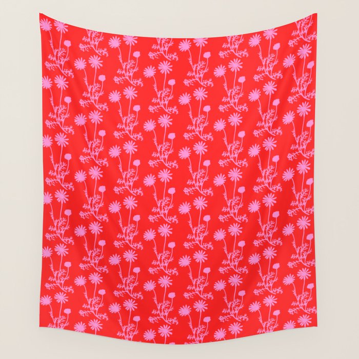 Floral Botanical Contemporary Wild Daisies Pink and Red Pattern Wall Tapestry Gallery Image 4