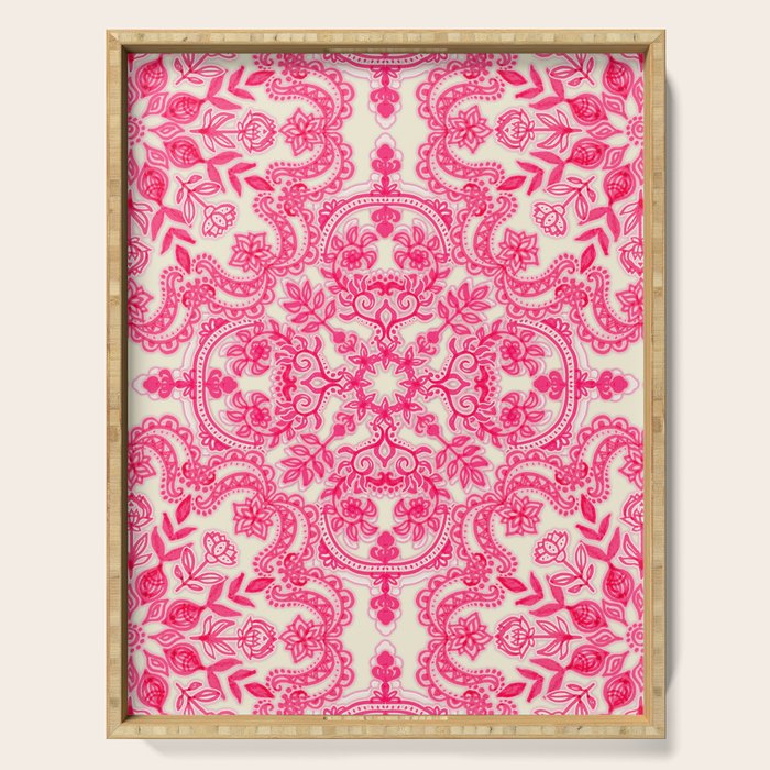 Hot Pink & Soft Cream Folk Art Pattern Serving Tray Gallery Image 1