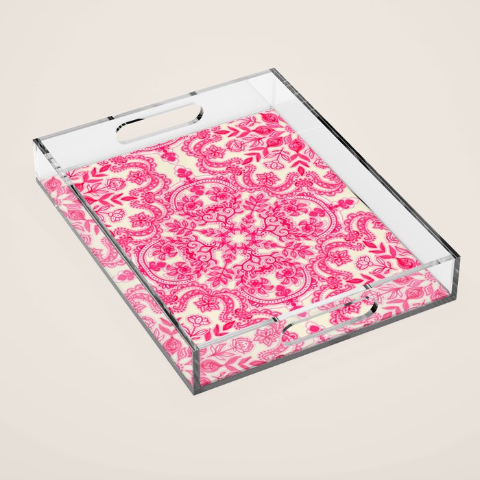 Hot Pink & Soft Cream Folk Art Pattern Acrylic Tray Gallery Image 1