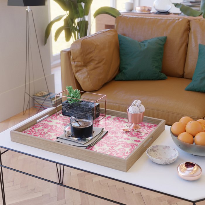 Hot Pink & Soft Cream Folk Art Pattern Serving Tray Gallery Image 2