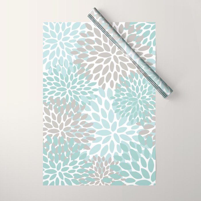 Floral Pattern, Teal, Aqua, Turquoise,Gray Wrapping Paper Gallery Image 1