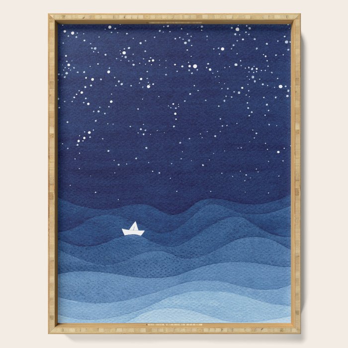 blue ocean waves, sailboat ocean stars Serving Tray Gallery Image 1