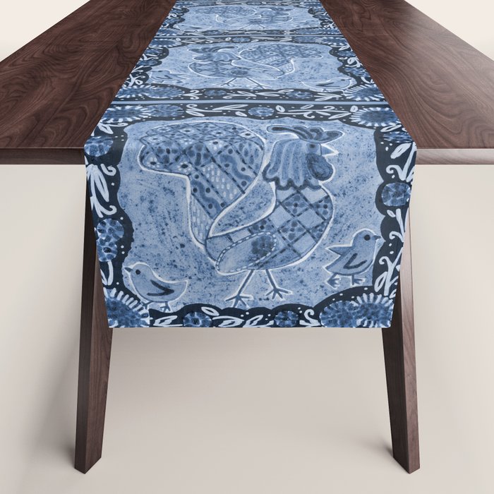 Rooster Painting in Navy Blue - Folk Art Style Table Runner Gallery Image 1