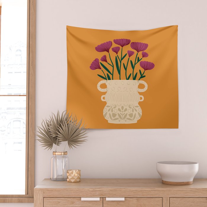 Ivory Vintage Flower Vase on Marigold Wall Tapestry Gallery Image 2