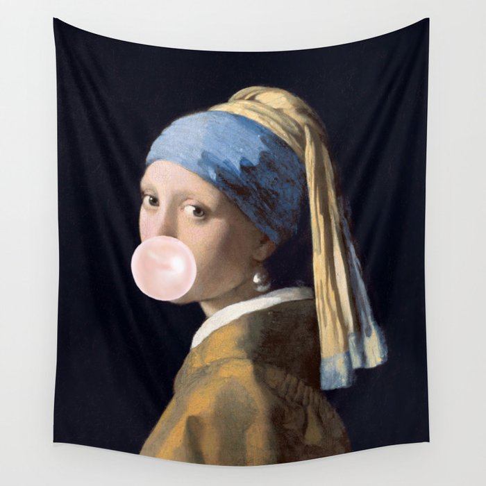 Girl with Pearl Earing Blowing Gum Wall Tapestry Gallery Image 4