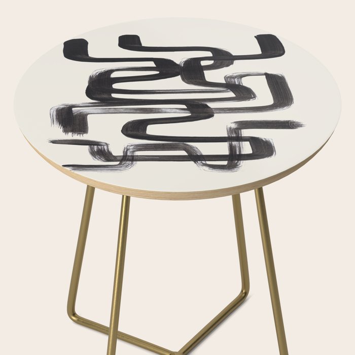 Mid Century Modern Minimalist Abstract Art Brush Strokes Black & White Ink Art Pipe Maze Side Table Gallery Image 2
