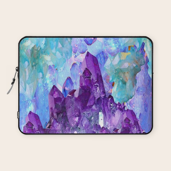 PURPLE AMETHYST CRYSTALS & BLUE-GREEN AQUAMARINE Laptop Sleeve Gallery Image 1