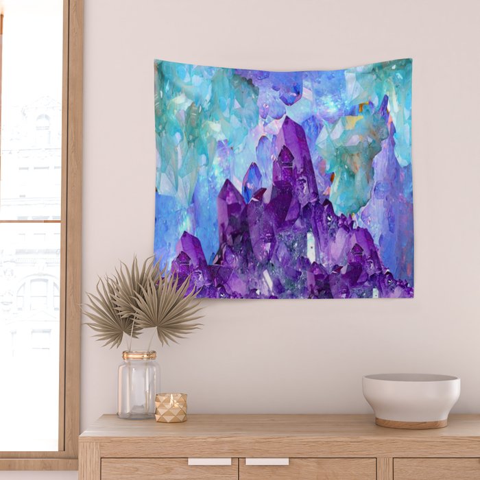 PURPLE AMETHYST CRYSTALS & BLUE-GREEN AQUAMARINE Wall Tapestry Gallery Image 2