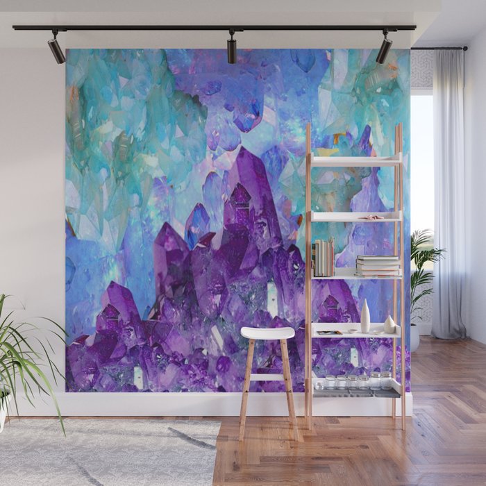 PURPLE AMETHYST CRYSTALS & BLUE-GREEN AQUAMARINE Wall Mural Gallery Image 1