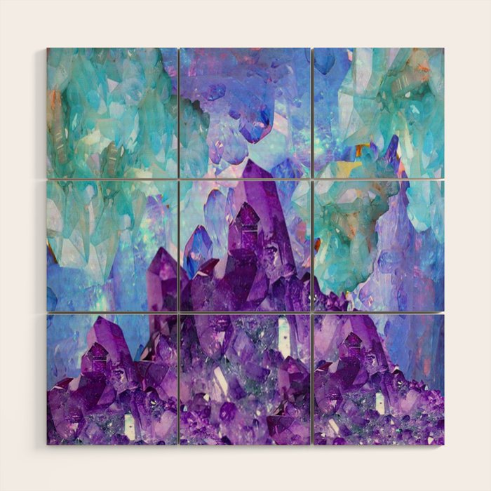 PURPLE AMETHYST CRYSTALS & BLUE-GREEN AQUAMARINE Wood Wall Art Gallery Image 1