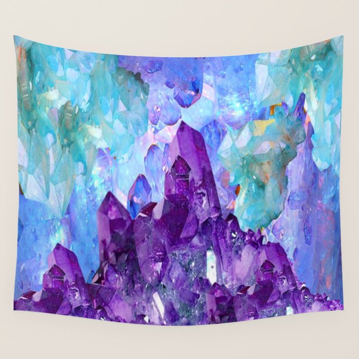 PURPLE AMETHYST CRYSTALS & BLUE-GREEN AQUAMARINE Wall Tapestry Gallery Image 1