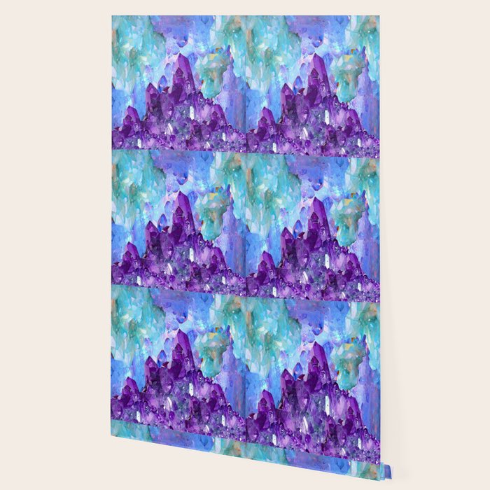 PURPLE AMETHYST CRYSTALS & BLUE-GREEN AQUAMARINE Wallpaper Gallery Image 2