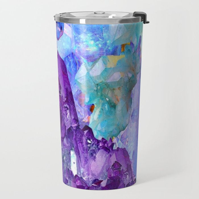 PURPLE AMETHYST CRYSTALS & BLUE-GREEN AQUAMARINE Travel Mug Gallery Image 2
