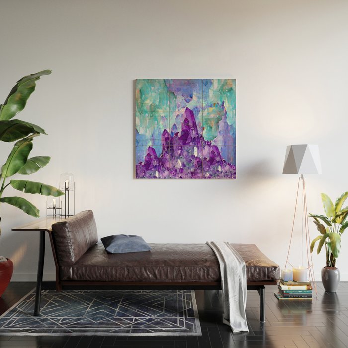 PURPLE AMETHYST CRYSTALS & BLUE-GREEN AQUAMARINE Wood Wall Art Gallery Image 2