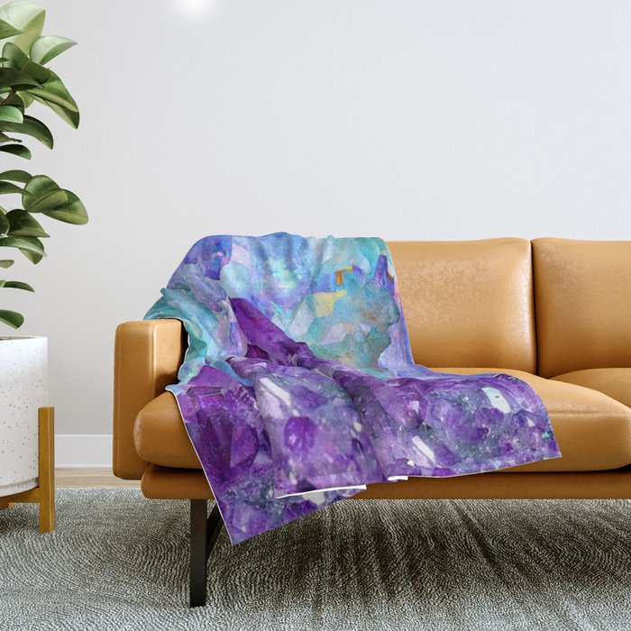 PURPLE AMETHYST CRYSTALS & BLUE-GREEN AQUAMARINE Throw Blanket Gallery Image 1
