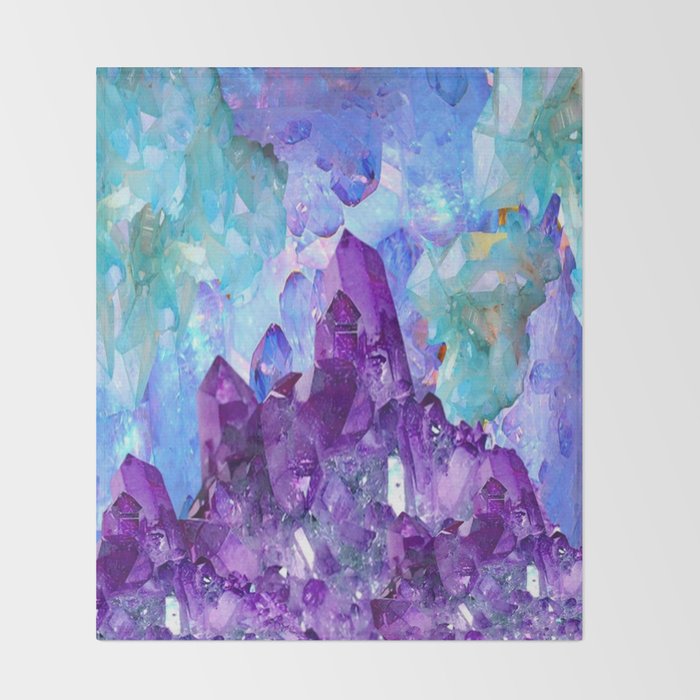 PURPLE AMETHYST CRYSTALS & BLUE-GREEN AQUAMARINE Throw Blanket Gallery Image 2