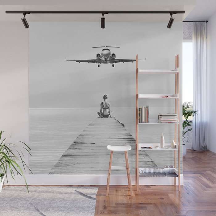 Steady As She Goes 6; aircraft coming in for an island landing female in bikini black and white photography - photographs - photograph Wall Mural Gallery Image 1