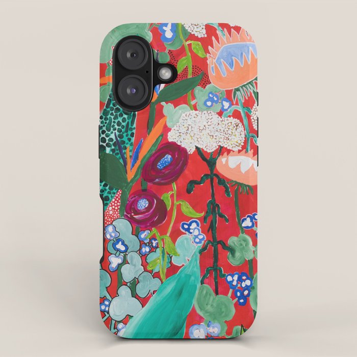Red floral Jungle Garden Botanical featuring Proteas, Reeds, Eucalyptus, Ferns and Birds of Paradise iPhone Case Gallery Image 1
