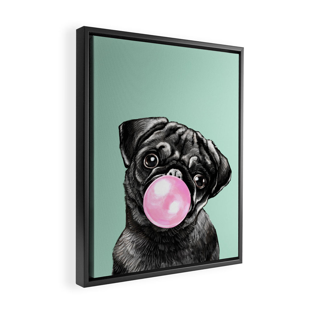 Bubble Gum Black Pug in Green Framed Canvas Print Gallery Image 2