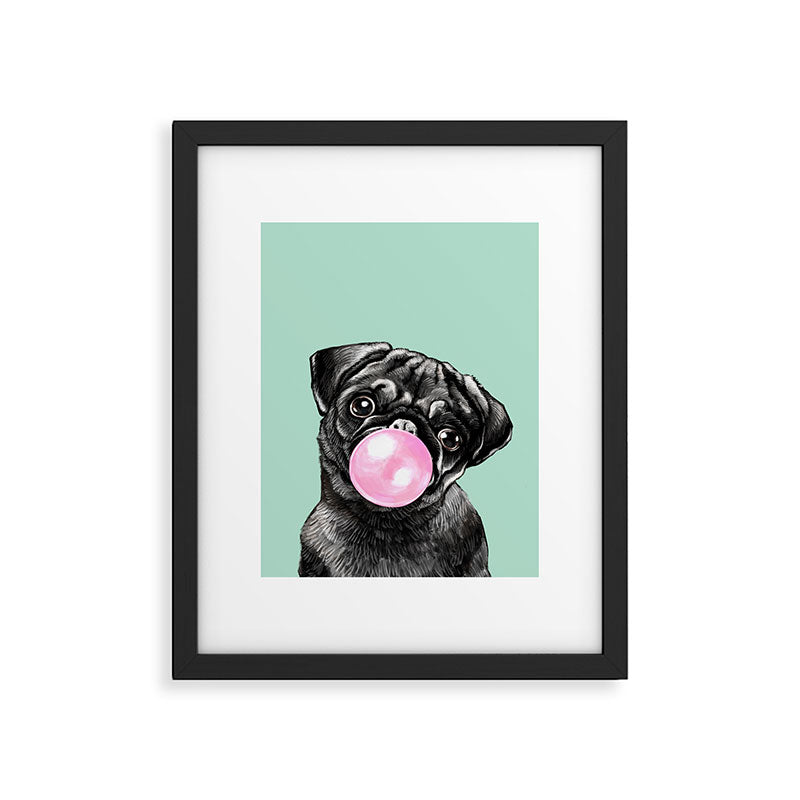 Bubble Gum Black Pug in Green Framed Art Print Gallery Image 4