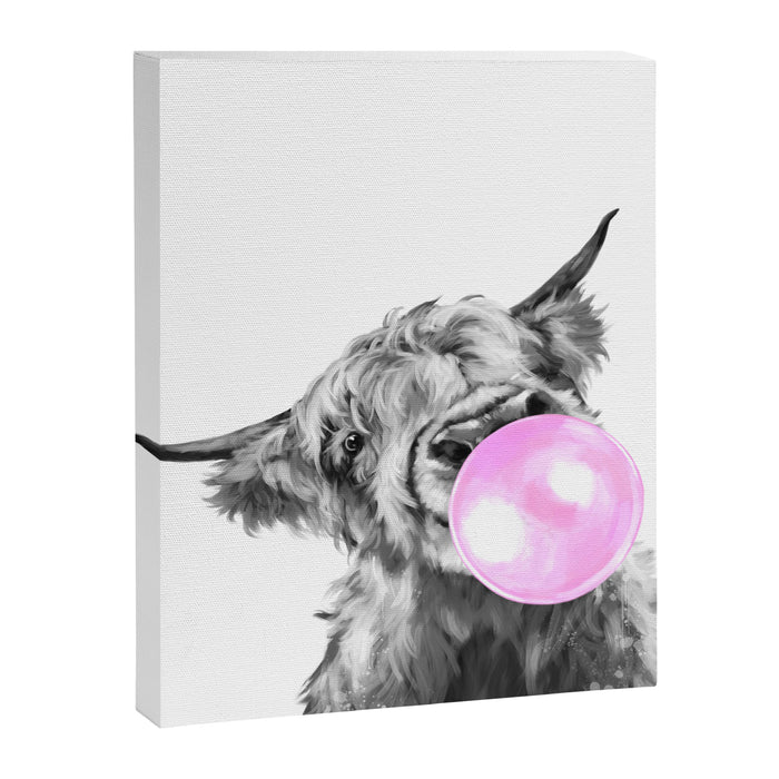 Bubble Gum Highland Cow Black and White Canvas Print Gallery Image 1