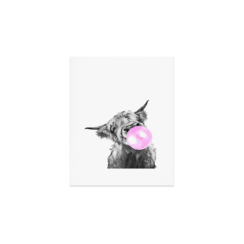 Bubble Gum Highland Cow Black and White Art Print Gallery Image 1