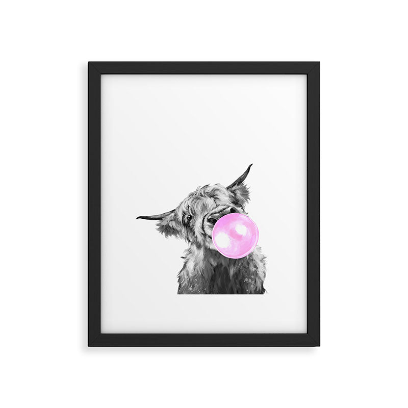 Bubble Gum Highland Cow Black and White Framed Art Print Gallery Image 4