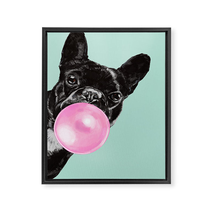 Bubble Gum Sneaky French Bulldog in Green Framed Canvas Print Gallery Image 1