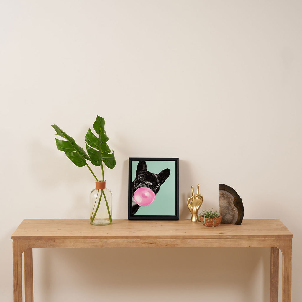 Bubble Gum Sneaky French Bulldog in Green Framed Canvas Print Gallery Image 4