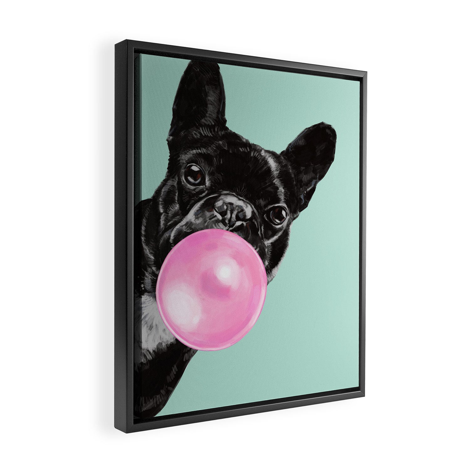 Bubble Gum Sneaky French Bulldog in Green Framed Canvas Print Gallery Image 2