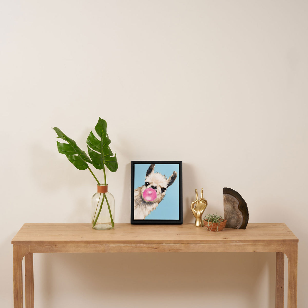 Bubble Gum Sneaky Llama in Blue Framed Canvas Print Gallery Image 4